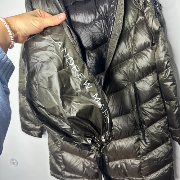 Andrew Marc Long Down Feather Fill Dark Green Puffer Coat Hooded Packable Jacket - Picture 12 of 14